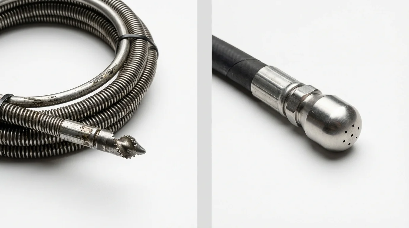 Drain snake cable and hydro jetting nozzle used for drain cleaning in Snyder, OK