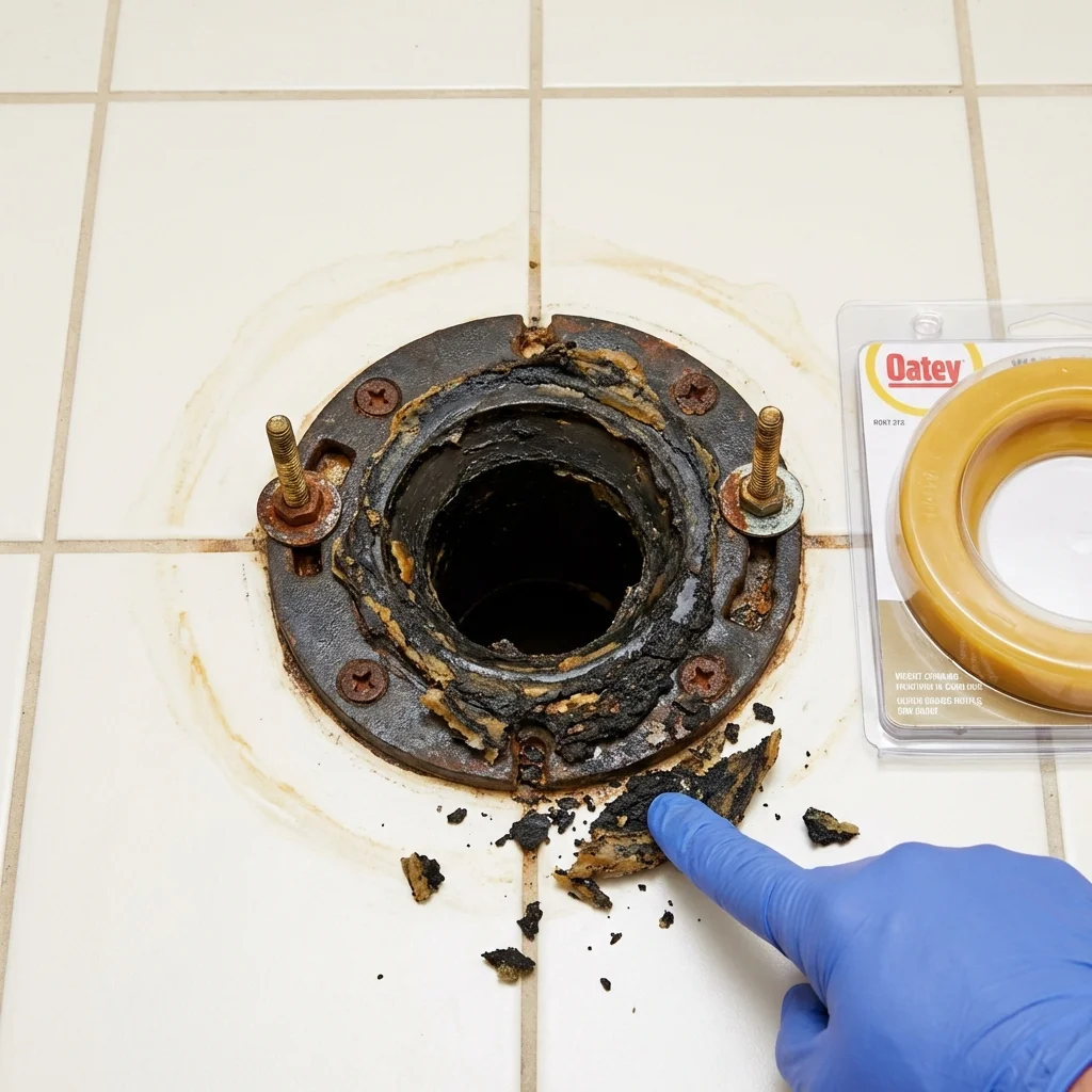 Failed wax ring showing water seepage at the base of a toilet in a Snyder, OK home