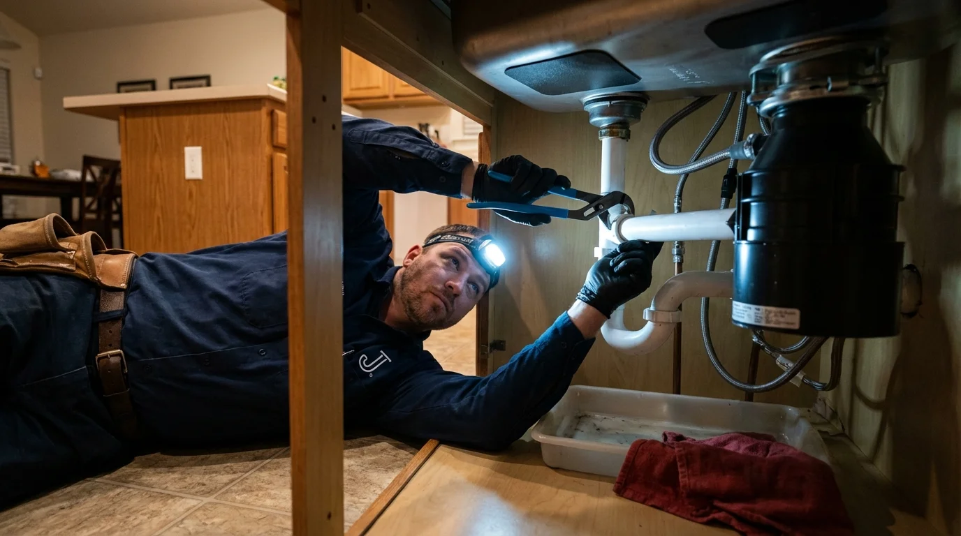 P-trap and supply line connections under a kitchen sink showing a common leak point in Snyder, OK